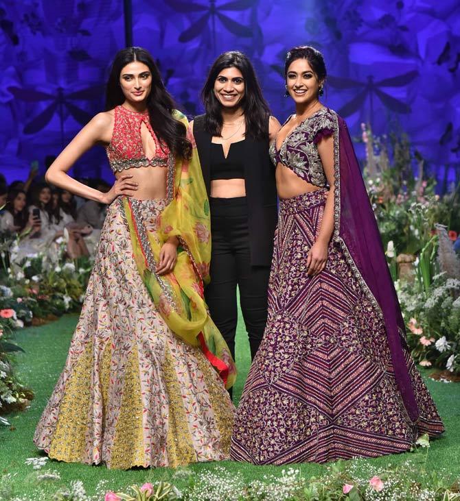 Mubarakan co-stars Athiya Shetty and Ileana D'Cruz walked for the designer trio Mrunalini Rao, Pooja Shroff and Sunaina Khera at Lakme Fashion Week Summer/Resort 2020, Day 5.