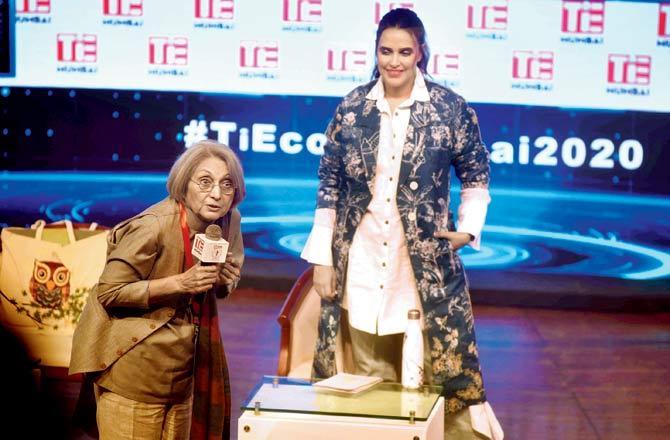 Bhagwan Rajneesh's former personal secretary Ma Anand Sheela engages the audience as host Neha Dhupia looks on at a conference in Nariman Point. Pic/Atul Kamble
