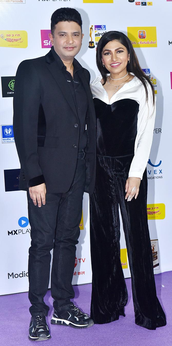 Bhushan Kumar attended the popular music award event with sister Tulsi Kumar. While Bhushan suited up for the event, Tulsi was seen wearing a velvet jumpsuit at the ceremony.