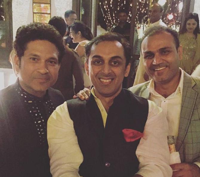 At a batting average of 44.19, Rohan Gavaskar has 18 centuries and 34 fifties under his belt. His highest score is an unbeaten 212.
In picture: Rohan Gavaskar flanked by Sachin Tendulkar and Virender Sehwag