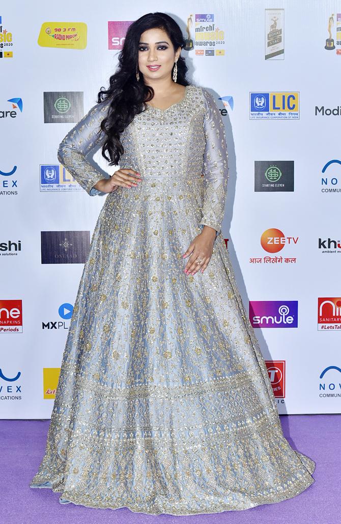Shreya Ghoshal showed off her ethereal side in a grey embellished Anarkali gown at the event.