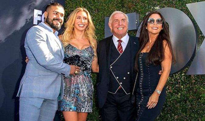 Ric Flair's daughter Charlotte Flair, who is an accomplished WWE superstar, was born from his second wedding to former wife Elizabeth Harrell.
In picture: Ric Flair with wife Wendy Barlow, daughter Charlotte Flair and Andrade during the Friday Night Premiere of SmackDown on Fox