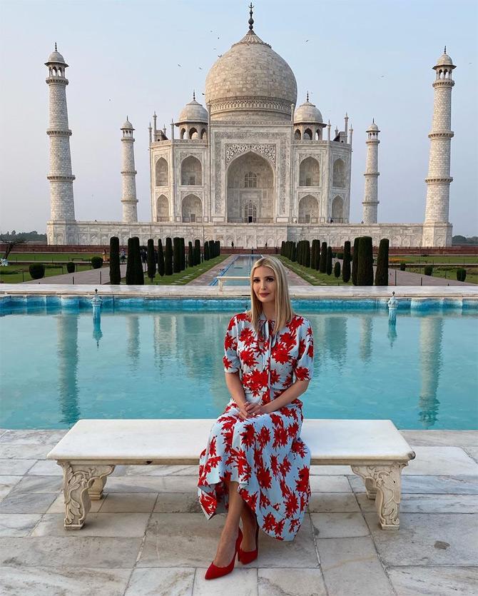 Ivanka Trump also sat on Diana's bench and poses amidst the scenic backdrop of the Taj Mahal. For her visit, Ivanka looked stunning in a floral printed dress which she paired with red stiletto. She was complemented by her husband Jared who opted for a black suit paired with a white shirt and black striped tie.





