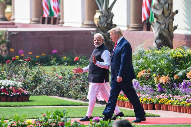 On Day 2 of the visit, Trump and Melania were accorded a ceremonial welcome at Rashtrapati Bhavan by President Ram Nath Kovind and Modi. The US president was then accorded a tri-services guard of honour at the forecourt of the Rashtrapati Bhavan. (Picture/PTI)