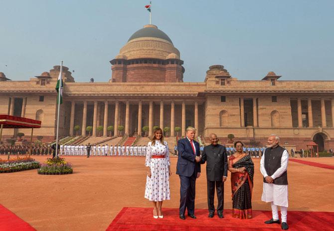 After holding bilateral talks with Modi, Trump was received again in the Rashtrapati Bhavan with his family for a banquet on Tuesday evening by President Kovind and his wife Savita Kovind. An elaborate menu that includes multiple vegetarian and non-vegetarian delicacies was prepared for the couple. The Trumps are set to return to the US after a banquet on Tuesday night. (Picture/PTI)