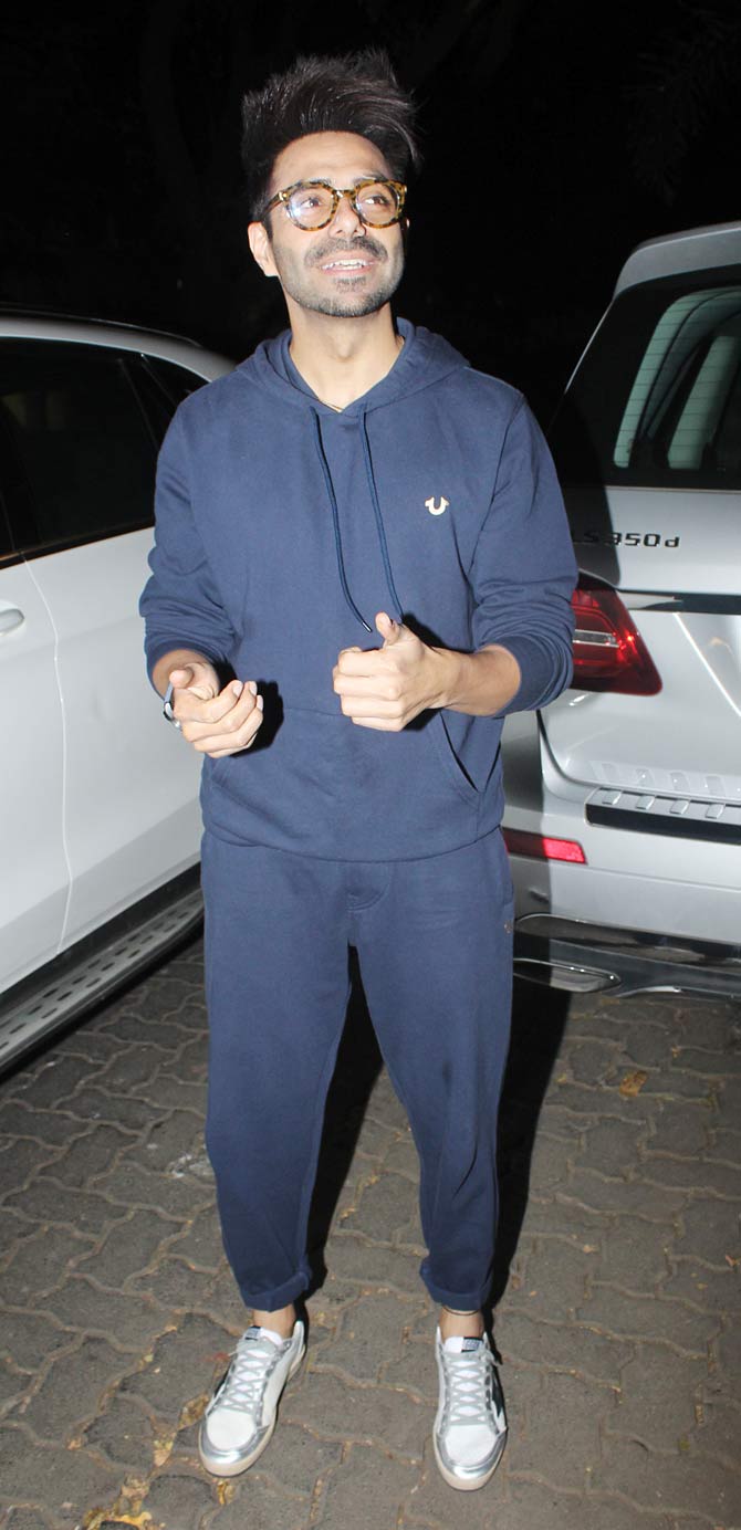 Aparshakti Khurana was also clicked at Shashank Khaitan's birthday celebration hosted in the city. The actor was seen wearing a navy blue tracksuit during the outing.