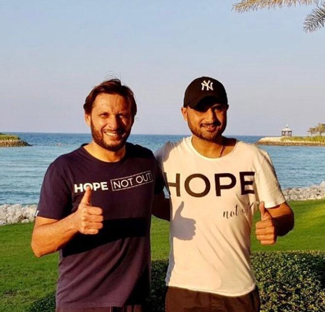 Following that, Shahid Afridi made a brief return to cricket for a charity match. On May 31, 2018, after the charity match, Afridi announced his retirement from cricket at Lord's.
In picture: Shahid Afridi with Harbhajan Singh