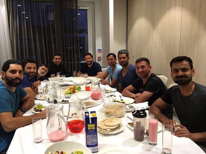 Shahid Afridi ranks fifth on the all-time list of most wickets taken in ODIs and third among Pakistan cricketers.
In picture: Shahid Afridi with Pakistan teammates during dinner
