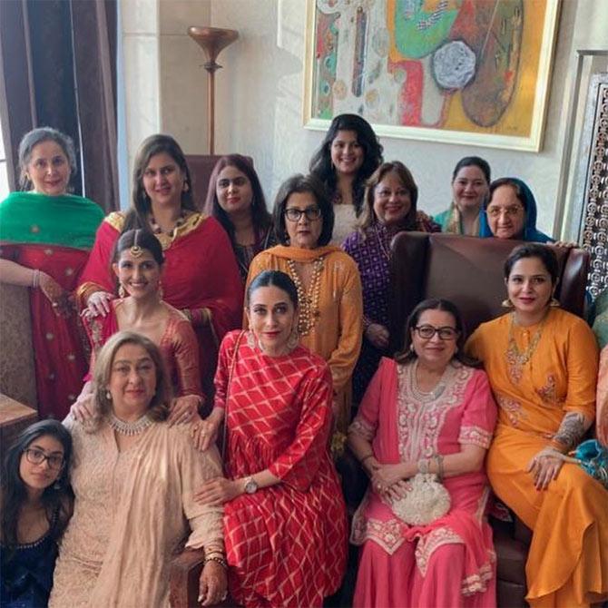 As the big-fat Indian wedding, that too in a Kapoor family is completed, let's take a look at inside photos of the duo's multi-day pre-wedding affair!
In picture: Karisma Kapoor with daughter Samaira Kapoor and aunt Rima Jain, and the extended family.