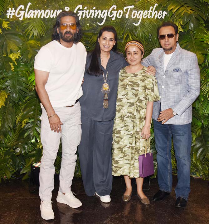 Mana Shetty's charity fundraiser exhibition is held every year, the proceeds of which go to an initiative for the protection of children's rights in India. In picture: Suniel Shetty, Mana Shetty, Sarita Tanwar and actor Gulshan Grover.