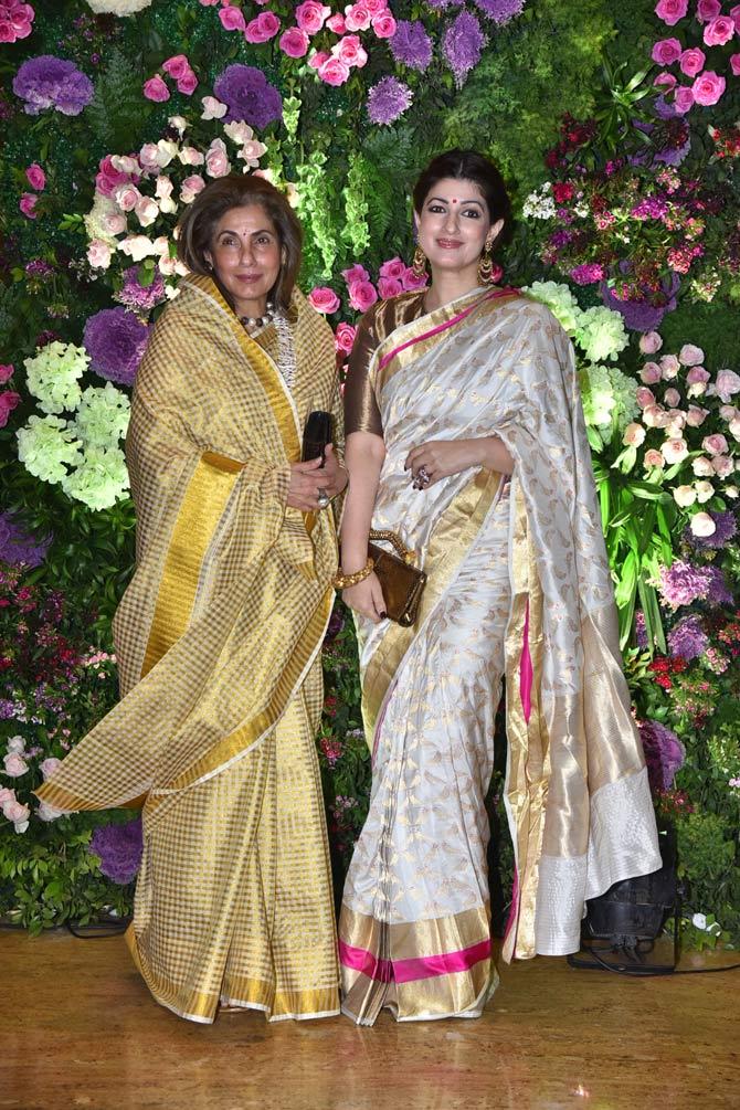 Dimple Kapadia opted for a checkered saree to attend the ceremony, and Twinkle Khanna looked pretty in a golden white saree at the reception.