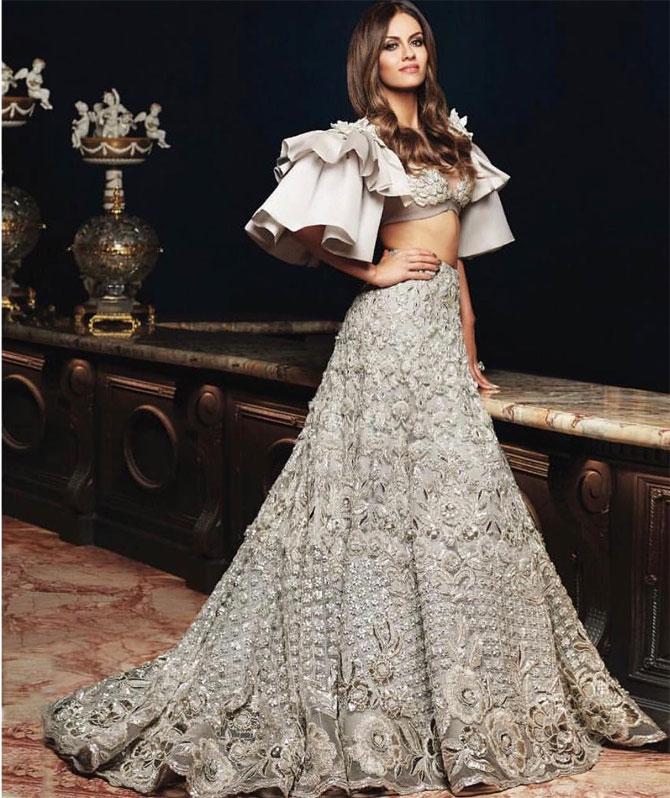 Poonawalla makes the shades of grey look beautiful in this embroidered lehenga by Manish Malhotra, said to be one of her favourite designers.  