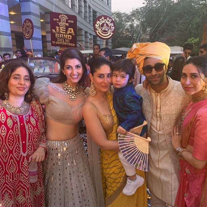 The arrival of the groom at the venue does call for a few snaps. In one of the pictures, Nitasha Nanda, Akanksha Malhotra, Kareena Kapoor Khan, Taimur Ali Khan, Armaan Jain and Karisma Kapoor posed for the shutterbugs.