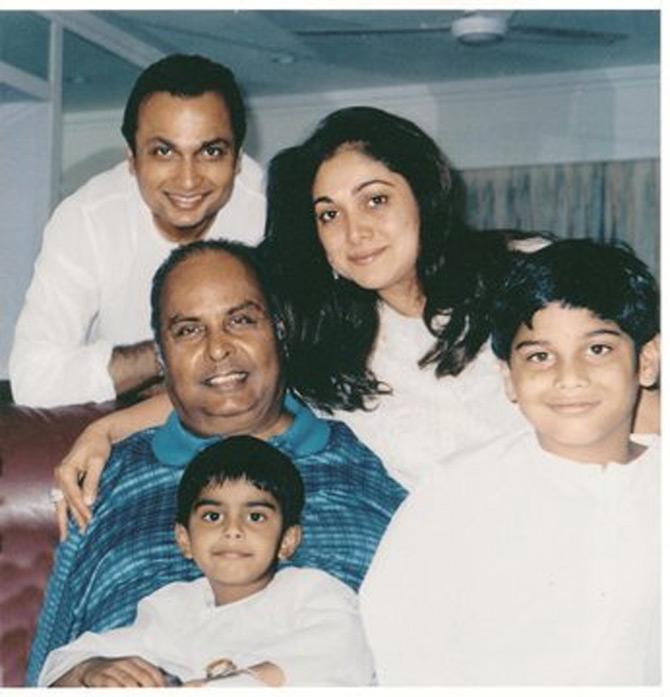 On Dhirubhai Ambani's 88th birth anniversary, Tina Ambani shared a rare picture of her family with her late father-in-law.
In picture: Tina Ambani with her sons Jai Anmol and Jai Anshul, and husband Anil pose with father-in-law Dhirubhai Ambani