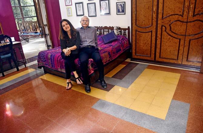 Marlboro House at Peddar Road is home to Raghu and Pushpa Palat. Atul Kumar, Founder, Art Deco Mumbai Trust, says that in terms of design, what set Art Deco tiles apart was the unique geometry, directionality and nautical elements incorporated. "For instance, if you look at the flooring in marble at the Churchgate-s Empress Court lobby, it is abstract. Within it, there is a big black arrow pointing into the gate of the lift," says Kumar, adding that even inside apartments, one often finds design indicators leading to different rooms. "The colours were vibrant because Art Deco was a reflection of early modernism. It was flamboyant, some even call it loud. There were blacks, greys, maroon, red, yellow. The first floor of Court View building opposite Oval Maidan, for instance, is a riot of colours," he adds.. Pics/Pradeep Dhivar