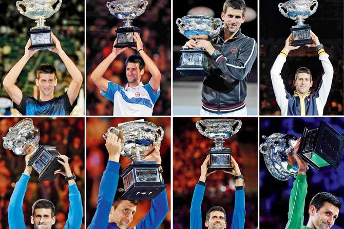 Serbian Novak Djokovic’s eight Australian Open title wins—(top left to right) 2008, 2011, 2012, 2013 and (bottom left to right) 2015, 2016, 2019 and 2020. pic/afp