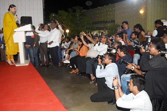 Deepika Padukone-starrer Chhapaak has jumped almost 50 per cent from day 1, collecting Rs 6.9 crore on Saturday, taking the total two days collection to Rs 11.67 crore net at the box office.
In picture: Deepika Padukone gives a speech at the event in South Mumbai.