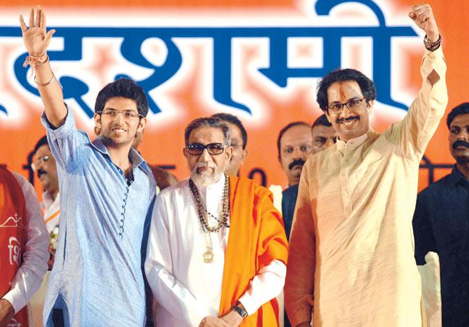 In photo: Late Bal Thackeray, Uddhav Thackeray, and Aaditya Thackeray - the three generations of the Thackeray family make a public appearance together at the Shiv Sena Dassera rally at Shivaji Park in Mumbai