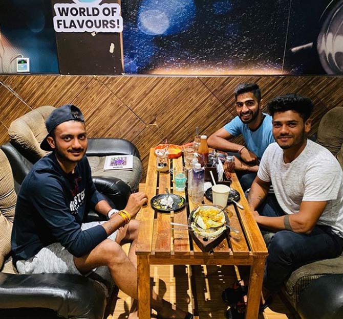 Axar Patel shared this photo during a dinner with his friends and captioned it, 'At the end of the day if I can say I had fun it was a good day. #coffeeculture #moralala'