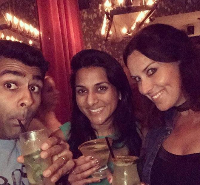 Karun Chandhok with his real-life wife Akshara and 'television wife' and journalist Lee McKenzie