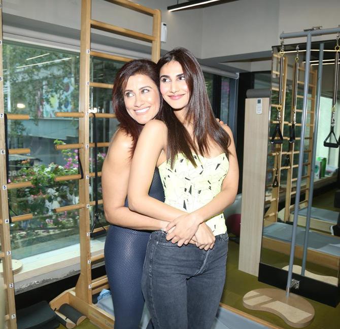 In photo: Yasmin Karachiwala and Vaani Kapoor caught in a candid moment as the two pose  for the shutterbugs