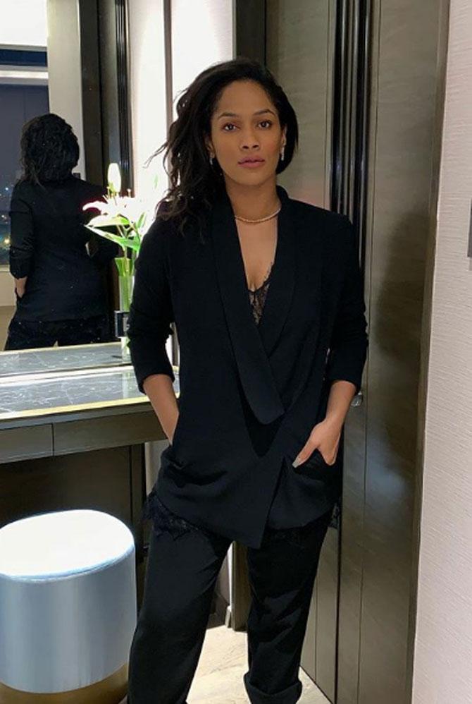 Fashion designer Masaba Gupta rocked an all-black pant-suit look. She wore nude lipstick and left her hair open.