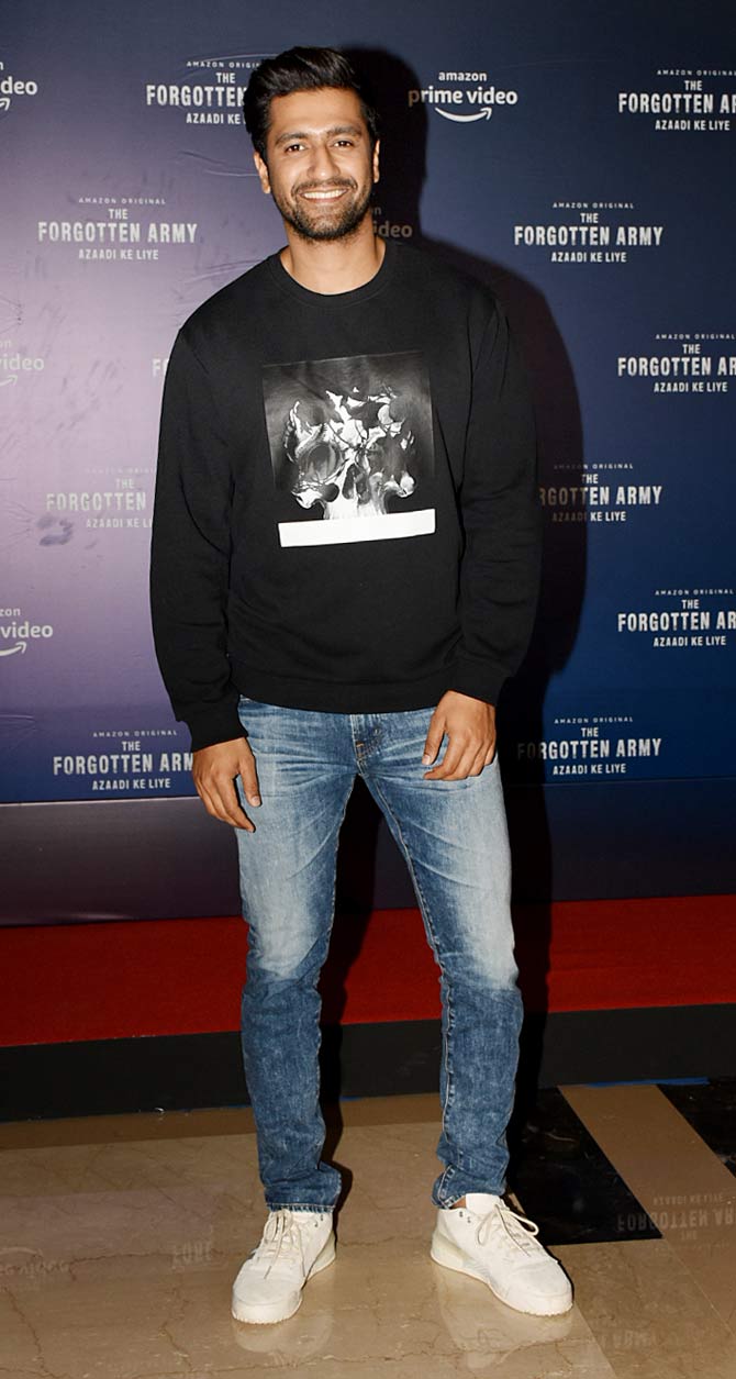 Amazon Prime Video's - The Forgotten Army - Azaadi Ke Liye which has been predicted as one of the biggest series produced in India will have Sunny Kaushal and Sharvari in the lead cast.
In picture: Vicky Kaushal was all smile as he attended the special screening of The Forgotten Army.