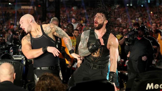 Roman Reigns would attack Corbin with back-to-back Superman punches as well as put him in a portable toilet before pushing it to the ground. Reigns then pinned Corbin to win the match