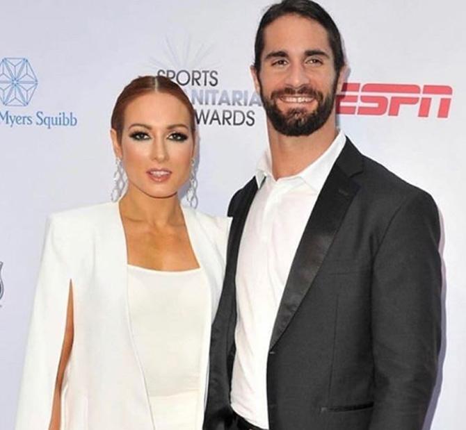 During an awards event, Becky Lynch shared this picture with Seth Rollins and wrote, 'The red carpet calm before the Extreme Rules storm.'