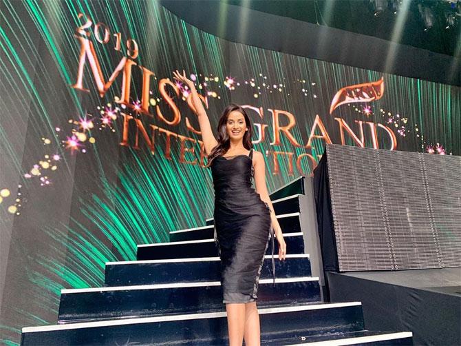 Even during one of the rounds of the Miss Grand International 2019 pageant, she showed in this photo how has she upped her style quotient in the black knee-length dress.