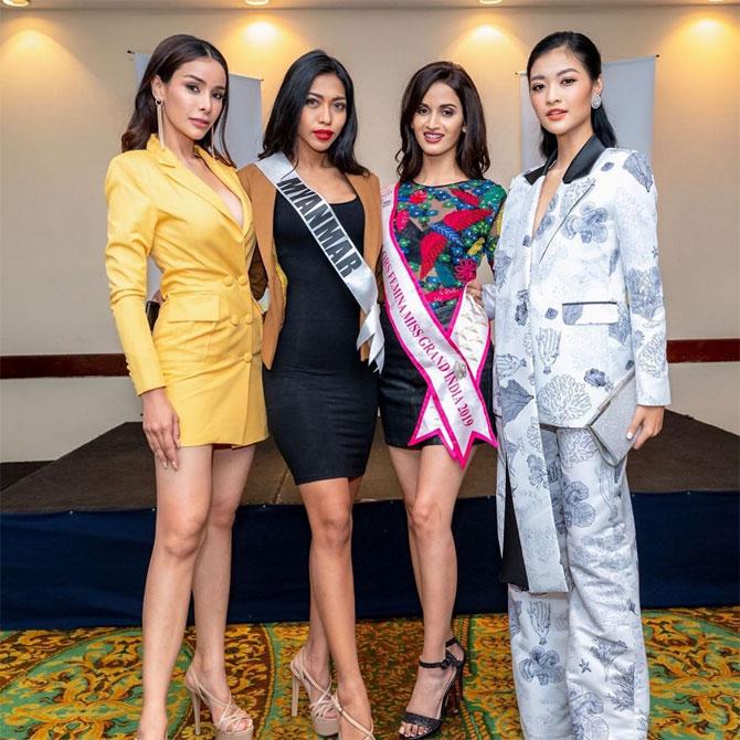 She stands out from other contestants in this black sheer floral embroidered dress worn at one of the events for the Miss Grand International 2019 pageant in Venezuela.