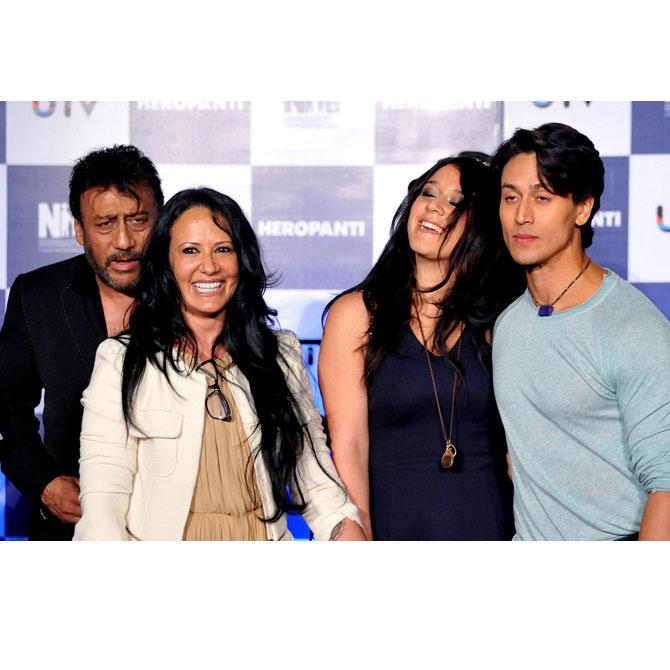 Jackie Shroff with wife Ayesha Shroff, daughter Krishna Shroff at the trailer launch of Heropanti, his son Tiger Shroff's Bollywood debut. 