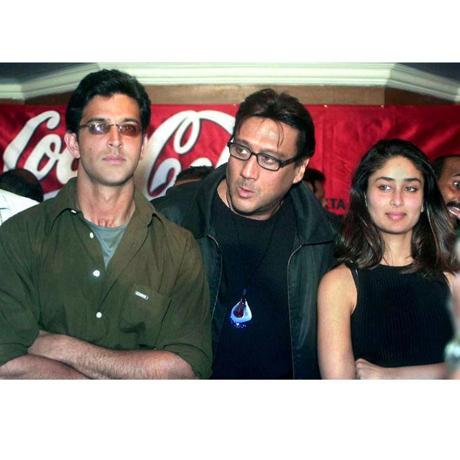 Hrithik Roshan, Jackie Shroff and Kareena Kapoor pose for the photographers at a press conference in Calcutta on July 22, 2001. The stars were speaking about their movie Yaadein, which released on July 27, 2001.