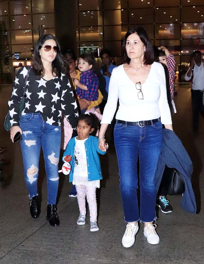 Sunny Leone was clicked with her family - mother-in-law Tzipora Weber and her cute little kids Nisha Kaur Weber, Noah Singh Weber, and Asher Singh Weber. All pictures/Yogen Shah