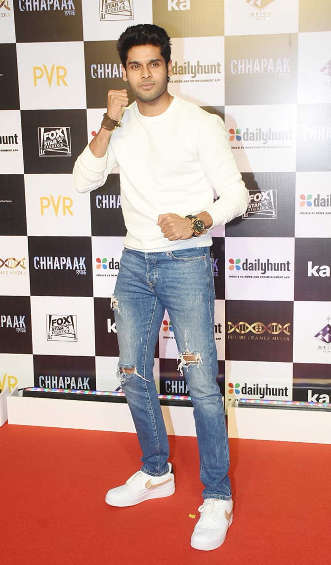 Mard Ko Dard Nahi Hota actor Abhimanyu Dassani poses for the photographers at the special screening of Chhapaak in Juhu.