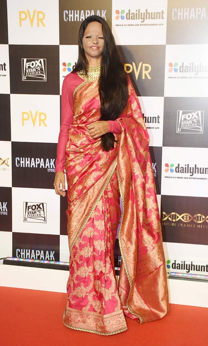 Laxmi Agarwal looked beautiful in her Banarasi saree as she arrived for the special screening of Chhapaak at a popular multiplex in Juhu.