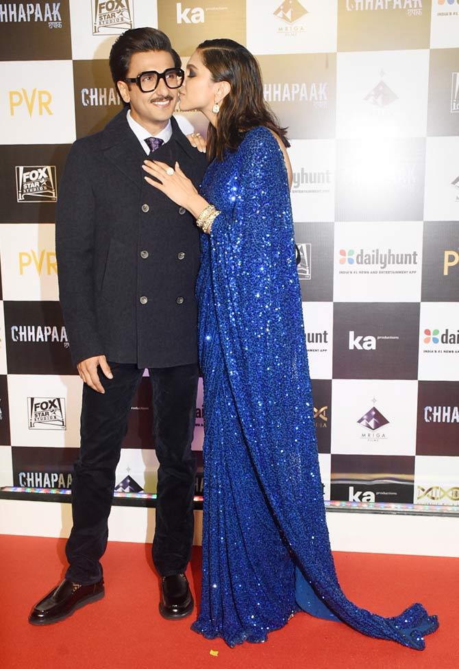 Ranveer Singh along with parents, sister Ritika Bhavnani, Prakash Padukone with wife and daughter Anisha came in to cheer Deepika Padukone at the special screening of Chhapaak. Ranveer and Deepika's PDA at the red carpet was too adorable. All pictures/Yogen Shah
