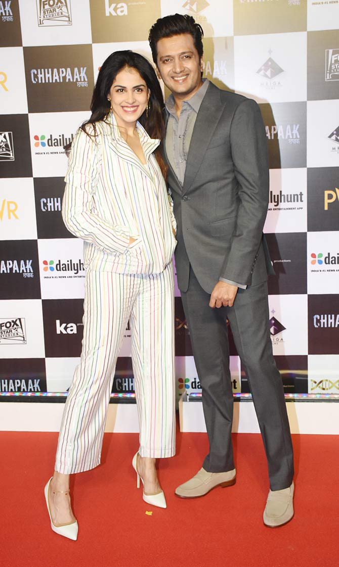 Riteish Deshmukh and wife Genelia were all suited up as they arrived for the special screening of Chhapaak at the Juhu multiplex.
