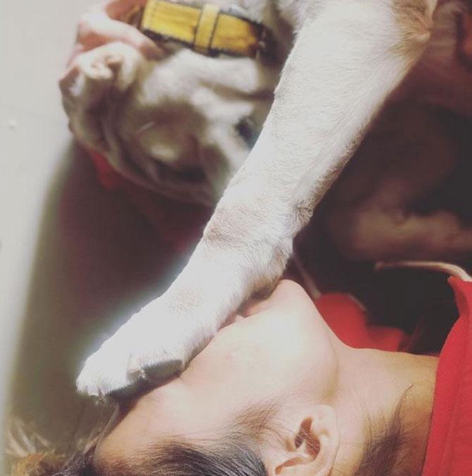 Mimi showers her dogs with a lot of love, cuddles and snuggles.