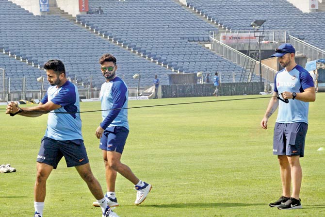 India players train at Pune’s MCA Stadium yesterday. PIC/Mandar Tannu
