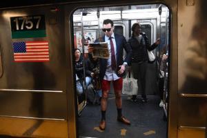 Commuters strip down to their pants to celebrate No Pants Subway Ride