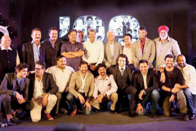 Ranveer Singh with the 1983 World Cup-winning cricket squad at the film’s announcement; the on-screen Team XI 