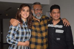 Team Thappad including Taapsee, Anubhav, and Bhushan all smiles at the 