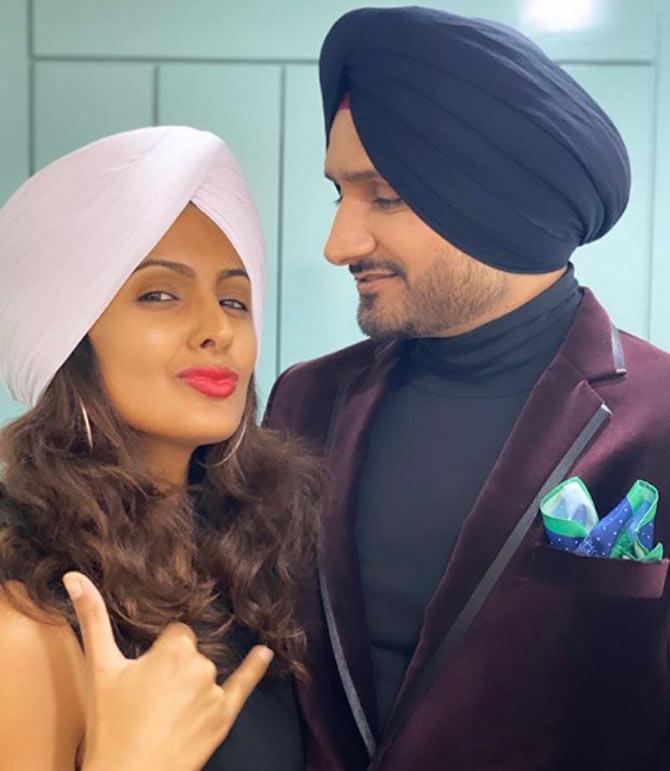 In picture: Geeta Basra gets her 'turb on' in this one and Harbhajan Singh looks quite pleased