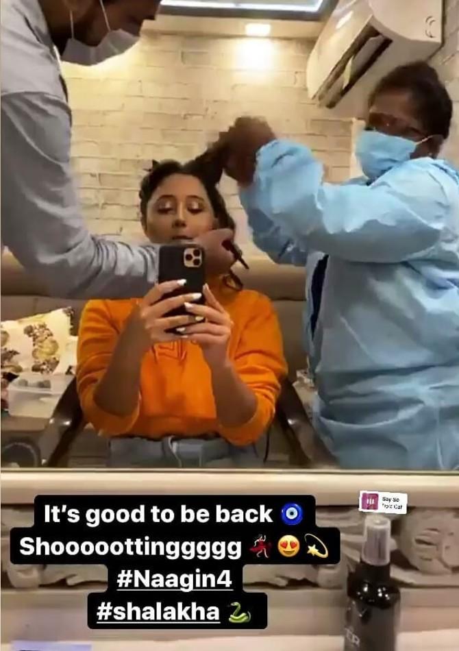 Bigg Boss 13 finalist Rashami Desai went back to shooting for Naagin. Her fan club shared a picture of Rashami getting ready for the shooting. Her co-star Nia Sharma also shared pictures from her vanity van. “Cut to- 3 months later... back to set, my Vanityyyyyyyyyyyyy!! #naagin4 (Jaan hatheli pe lekar),” she captioned her post.