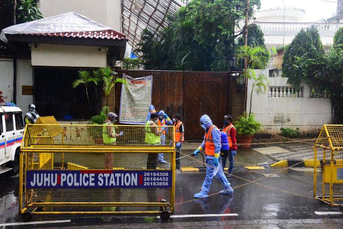 Civic workers disinfected Amitabh Bachchan's bungalows Jalsa, Pratiksha, and Janak situated in the posh Juhu-Vile Parle suburb in western Mumbai.