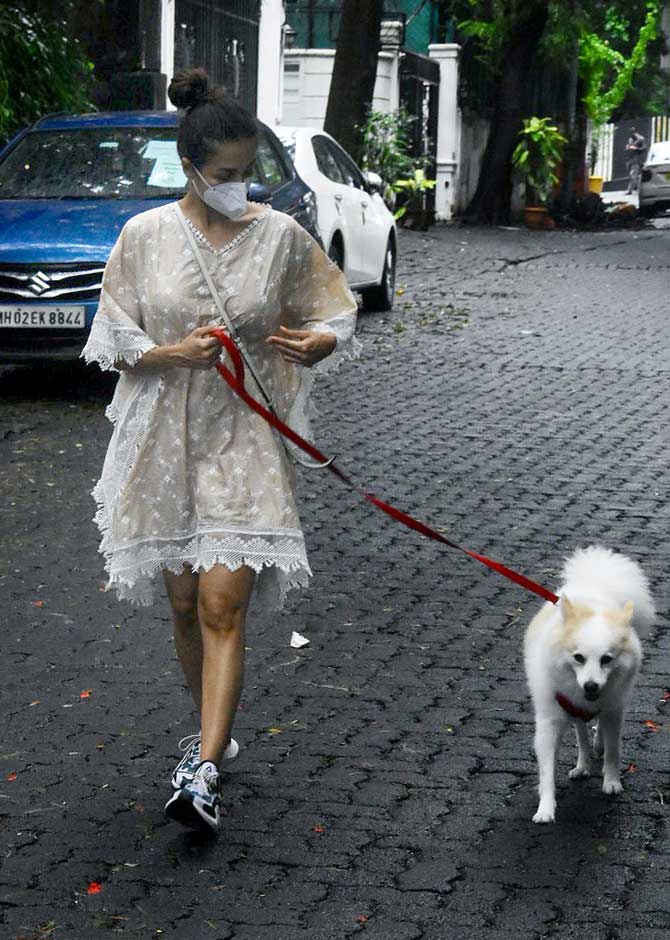 Malaika Arora was clicked with her pet on the streets of Bandra, Mumbai. The fitness diva opted for a kaftan dress during the outing. All pictures/Yogen Shah