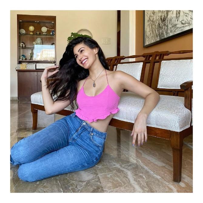 This picture perfectly describes Amyra Dastur's lockdown mood. Donning a cute pink crop top and denims, she captioned, 
