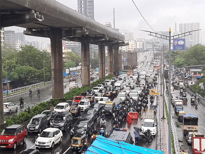 In photo: Major traffic jam was witnessed at Western Express Highway due to heavy rainfall.