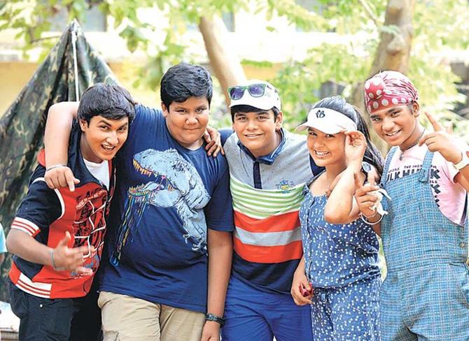 Tapu Sena: Tapu, Sonu, Gogi, Golu, and Pinku have their small gang called 'Tapu Sena' who share a great friendship from childhood and set examples for society. In picture: (L to R) Azhar Shaikh, Kush Shah, Bhavya Gandhi, Nidhi Bhanushali and Samay Shah. In real life, Bhavya and Samay are cousins